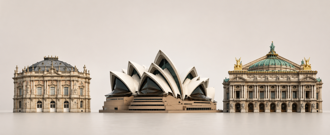 Palais Garnier, Margravial Opera House and Sydney Opera House